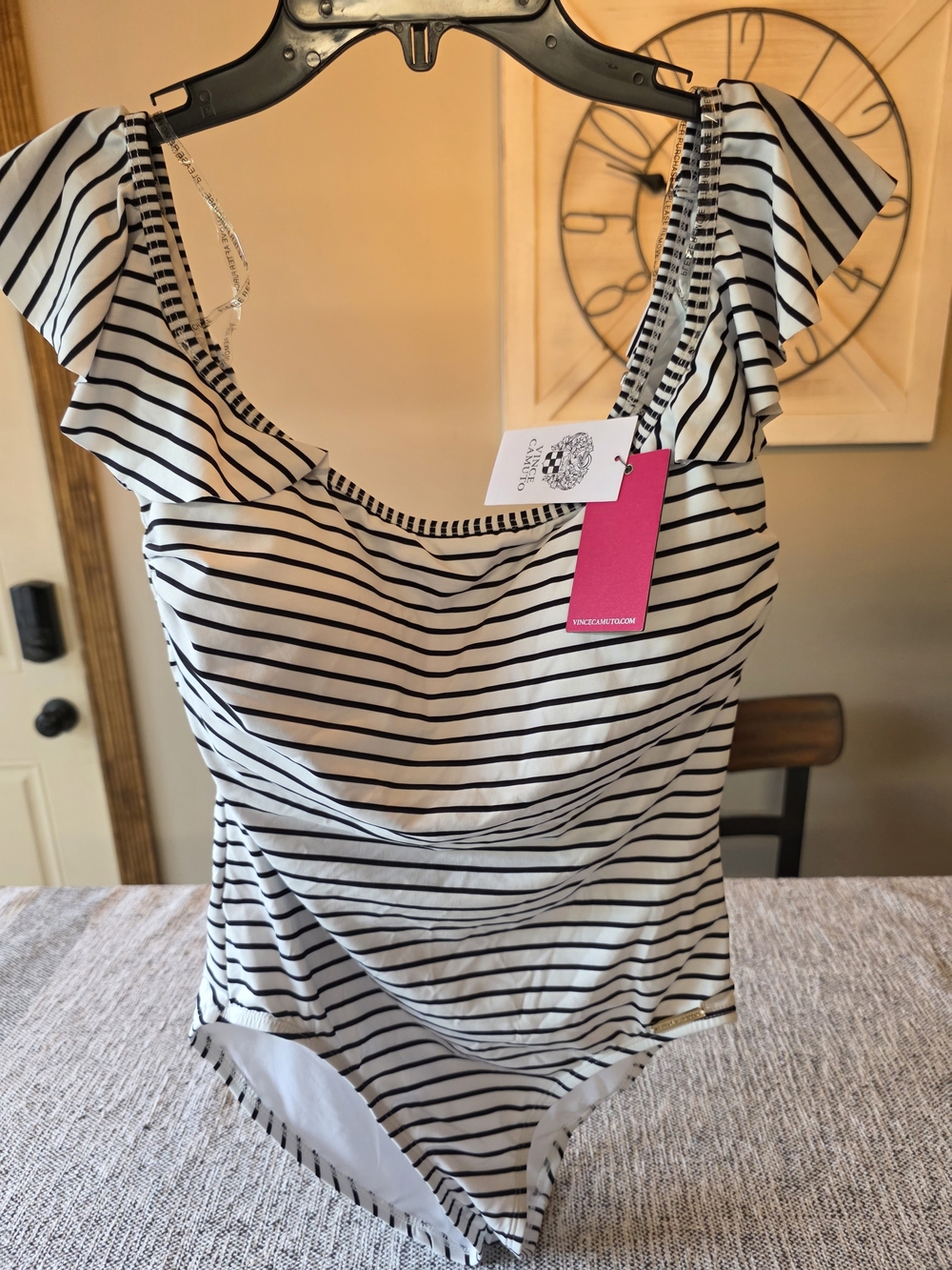 Vince Camuto Black & White Striped One-Piece with Ruffle Detail